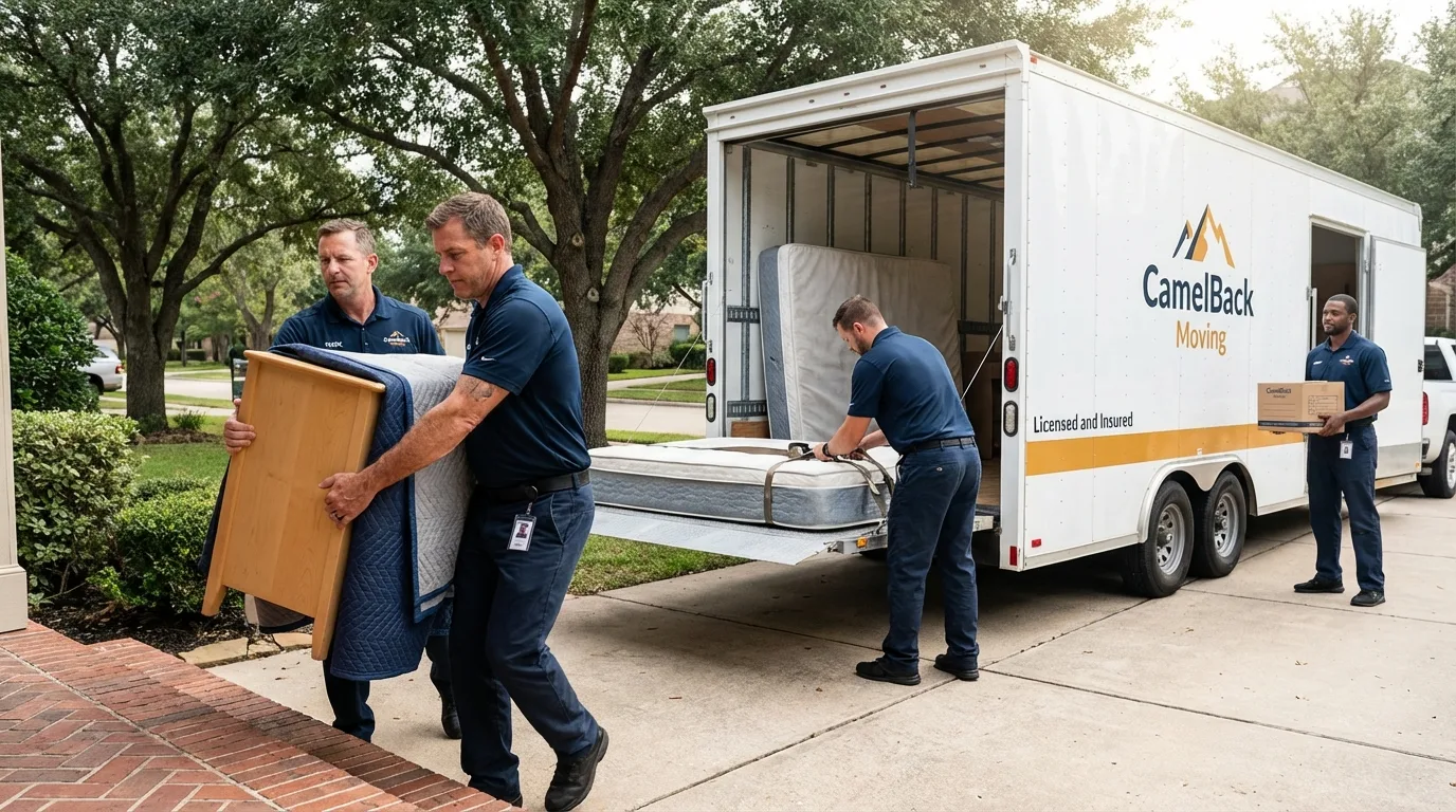 Crew loading residential truck for cross-state move from Trenton, MO