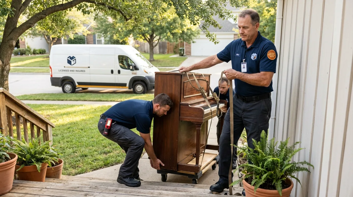 Licensed piano movers securing grand piano in Trenton, MO