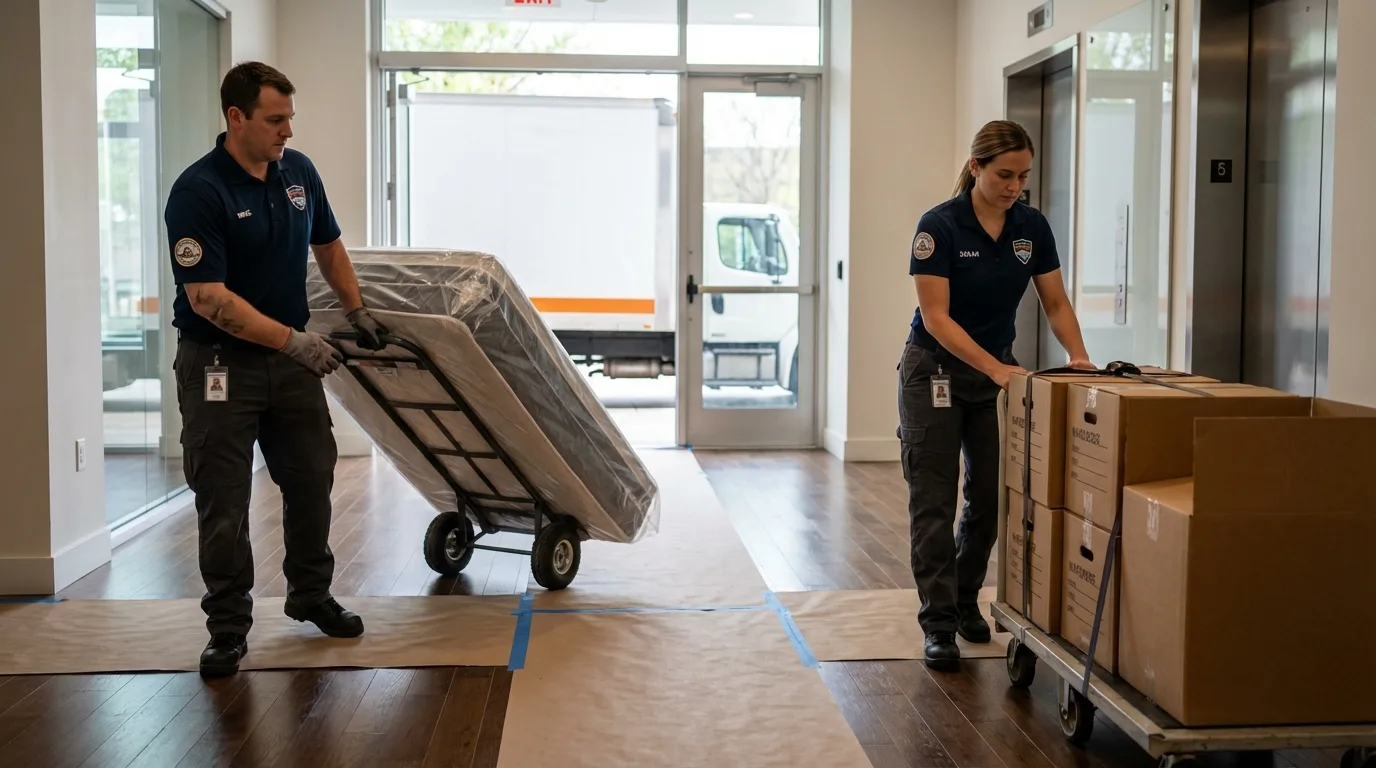 Professional apartment movers loading elevator in Trenton, MO