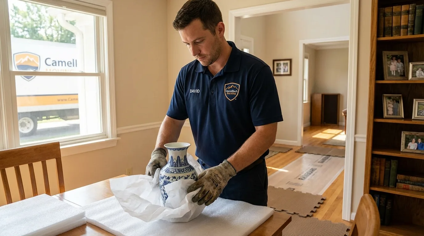 Professional crew carefully wrapping antique vase for senior downsizing move in Trenton, MO